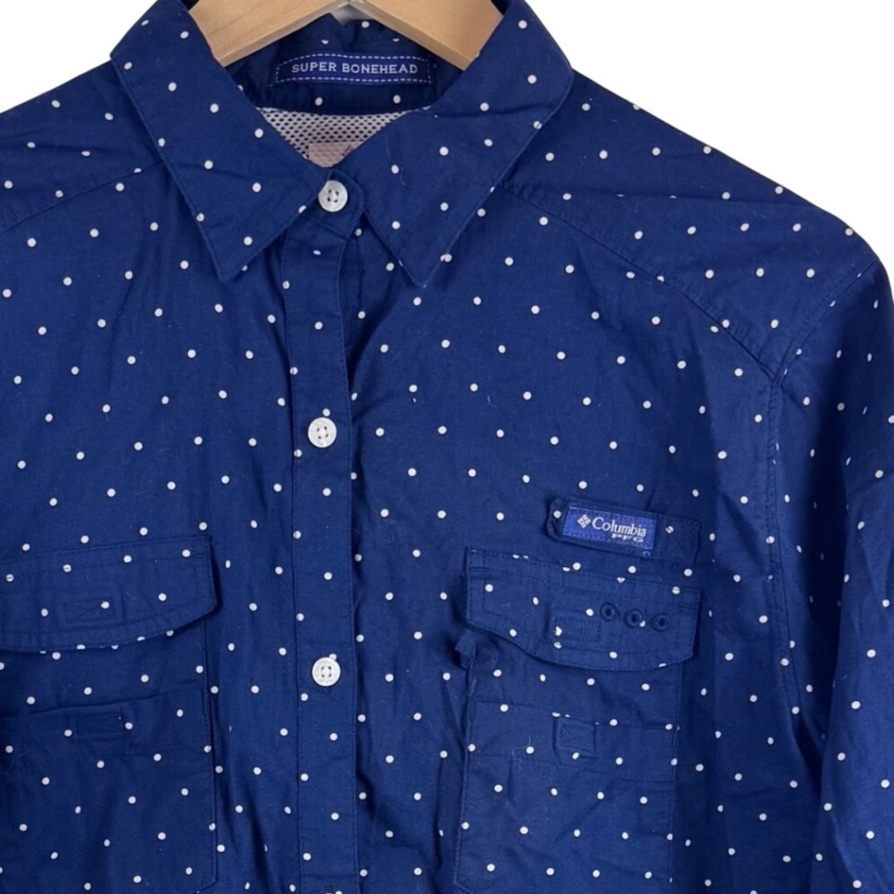 Columbia PFG Super Bonehead Shirt Womens L Blue Polka Dot Vented Fishing Top